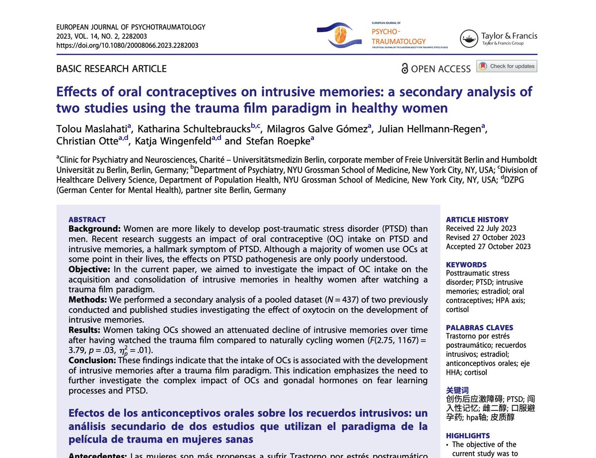 Effects of #oral #contraceptives on intrusive memories: a secondary analysis of two studies using the trauma film paradigm in healthy women 
tandfonline.com/doi/full/10.10… 

...intake of #OCs is associated with the development of #intrusive #memories after a #trauma film paradigm