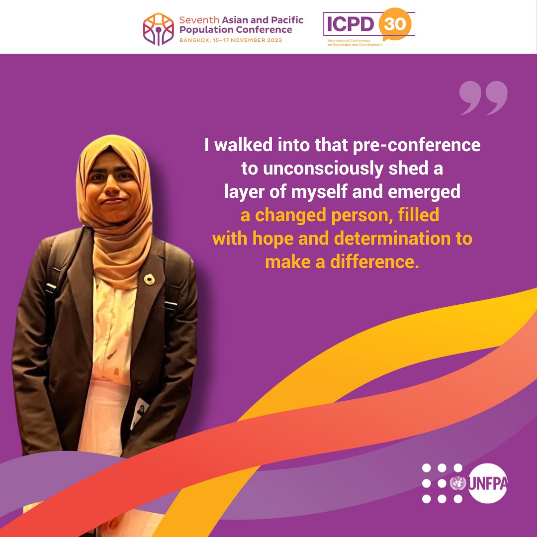 UNFPAMaldives's tweet image. &quot;I feel like an imposter” – @shubaaminhaj&apos;s insights from the #APPC7 reveal the power of collective voices in #AsiaPacific, emphasizing youth and community roles.

Read about her experience: maldives.unfpa.org/en/Shuba-APPC7

#ICPD30 @UNFPAAsiaPac @PioSmith_UN