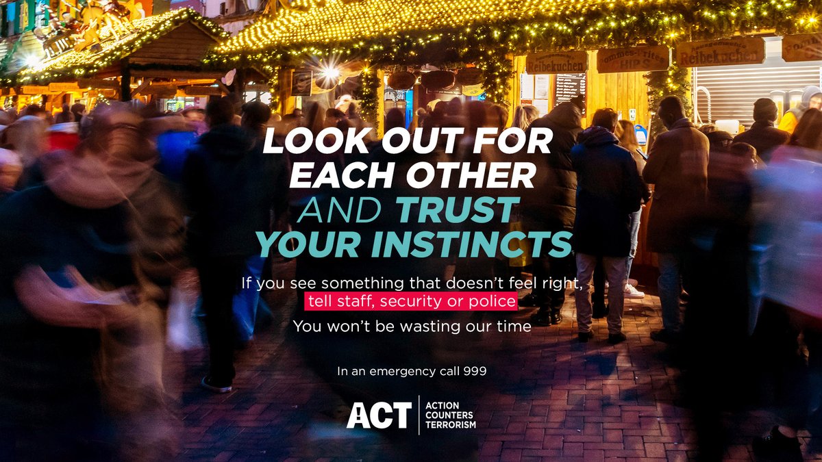 Your safety is our priority. When you’re out stay alert for:

- Anyone filming exits, entrances or CCTV
- Unattended bags
- Anything that doesn’t feel right

If you see something that doesn’t feel right, tell security. In an emergency call 999.

#CommunitiesDefeatTerrorism