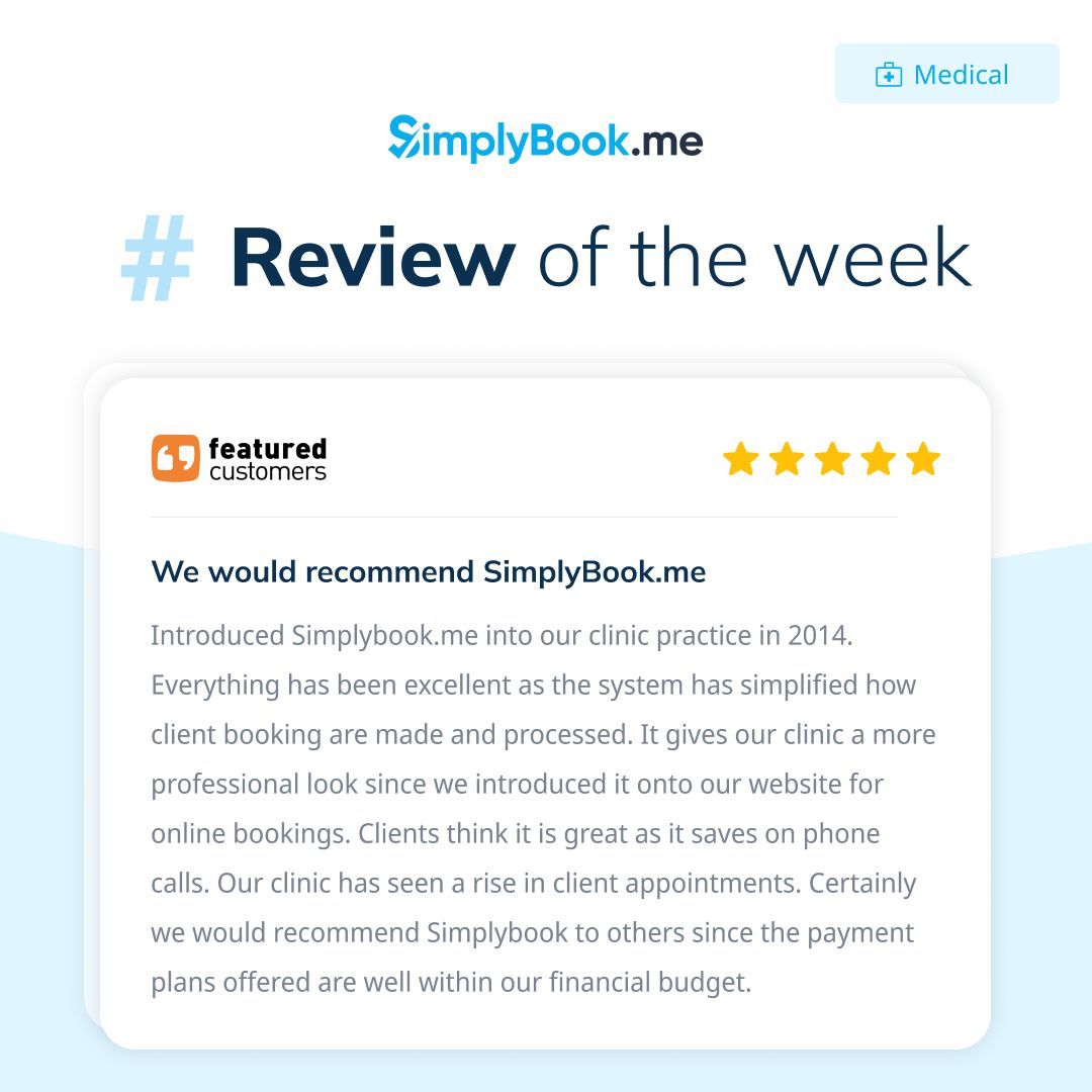 SimplyBookMe's tweet image. 🌟 Review of the Week🌟

See how SimplyBook.me can simplify bookings, &amp;amp; increase #ClientAppointments.
⠀
🩺 Explore our affordable payment plans &amp;amp; streamline your booking process.

#AppointmentScheduling #MedicalAppointment #MedicalSoftware