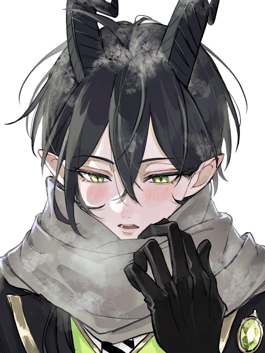 1boy male focus horns pointy ears scarf green eyes gloves  illustration images