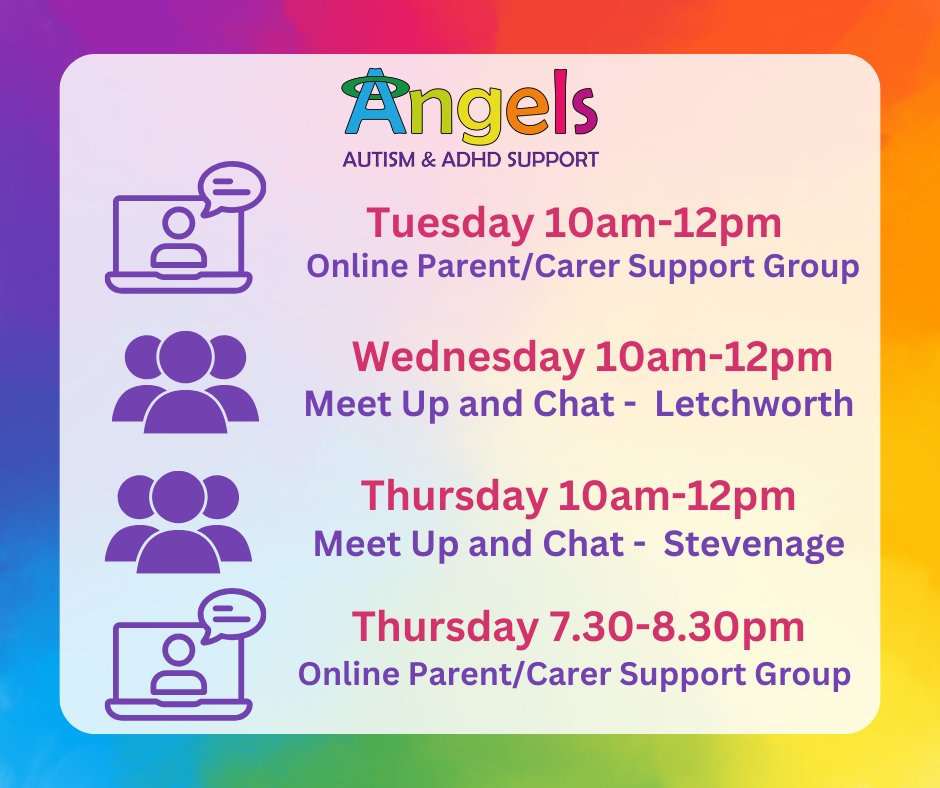 Here is a list of our support available this week.

We meet in person at:

Partnership Pod, Northfields Infant &amp; Nursery School, LETCHWORTH SG6 4PT

The Phoenix Group, 2-6 The Hyde, Shephall, STEVENAGE SG2 9SE

No need to book, join us if you can.