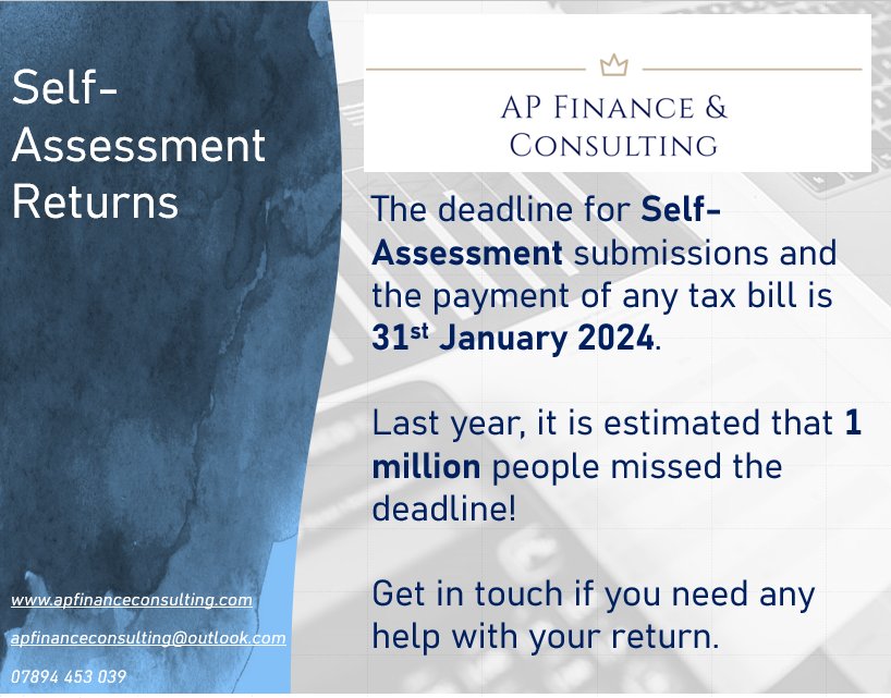 finance_ap's tweet photo. Have you submitted your self-assessment tax return for 2022/23 yet? The deadline is fast approaching! Get in touch if you need any support with your return! https://t.co/C8KvpUCNT7