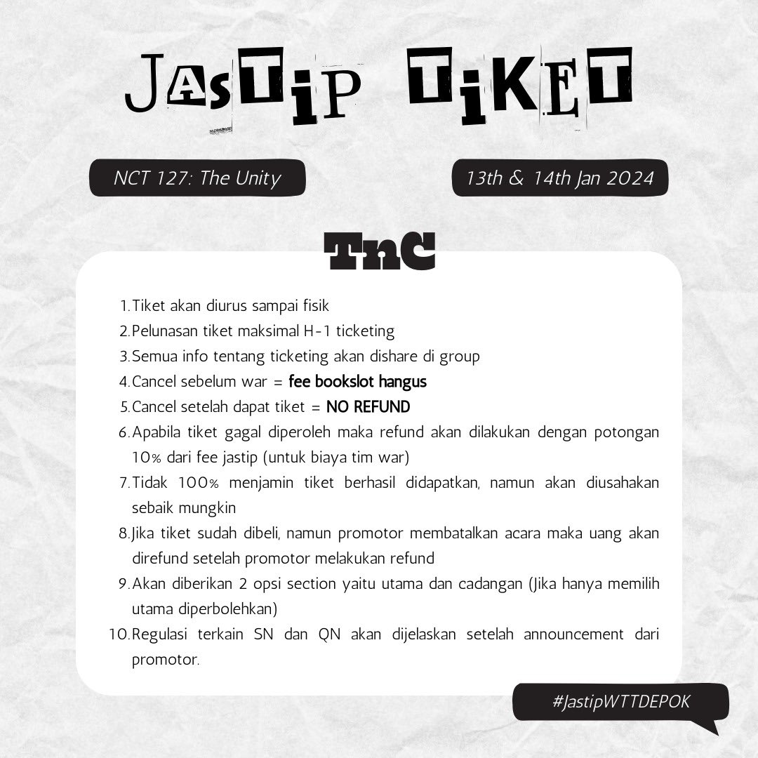 wttdepok's tweet photo. ✨Jastip NCT 127: 3rd TOUR - JAKARTA - THE UNITY✨

📝 Booking Slot 150k/slot
💸 Fee 400k/tiket
❗️ Ada GO (WA)
❗️Diurus sampai fisik

💳 Payment: 
Via Mandiri/BNI/Shopeepay

Very limited slot
📩Kindly dm for more info

#NEOCITY_THE_UNITY_JAKARTA #THEUNITYINJAKARTA #jastipWTTDEPOK https://t.co/j7Oo6Kru34