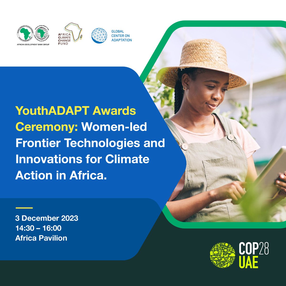 Happening NOW! 📢📢

Join us as we Unveil the 2023 #YouthADAPTChallenge Winners at COP28

3 December 2023, 14:30-16:00 Dubai Time (GMT+4)
English: vimeo.com/event/3906323 
French: vimeo.com/event/3906327

@AfDB_Group @GCAdaptation