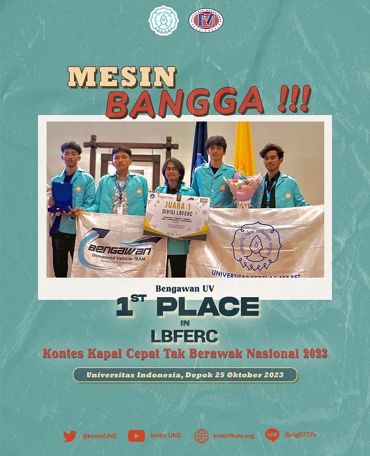 [ MESIN BANGGA ]

Bagaimana hasil perlombaan yang diikuti Bengawan UV Team di ajang Kontes Kapal Cepat Tak Berawak Nasional (KKTCBN) 2023 yang berlangsung di Universitas Indonesia Pada tanggal 22-25 Oktober? 

Cek informasi selengkapnya di : instagram.com/p/C0BkUCsvp9d/…