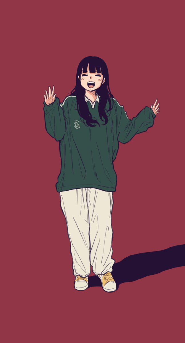 1girl solo black hair long hair green sweater open mouth pants  illustration images