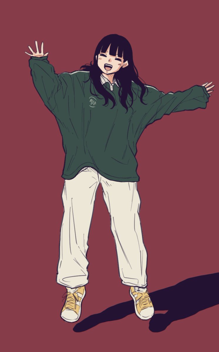 1girl solo black hair long hair green sweater open mouth pants  illustration images