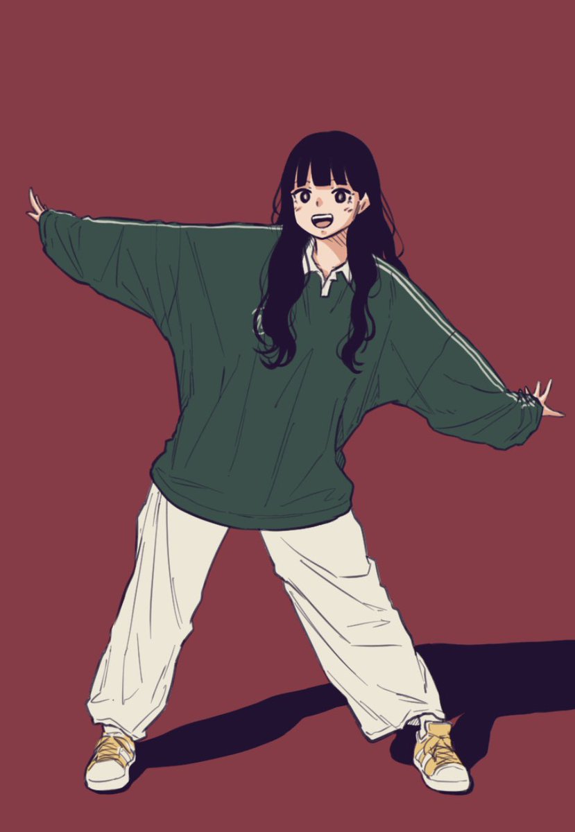 1girl solo black hair long hair green sweater open mouth pants  illustration images