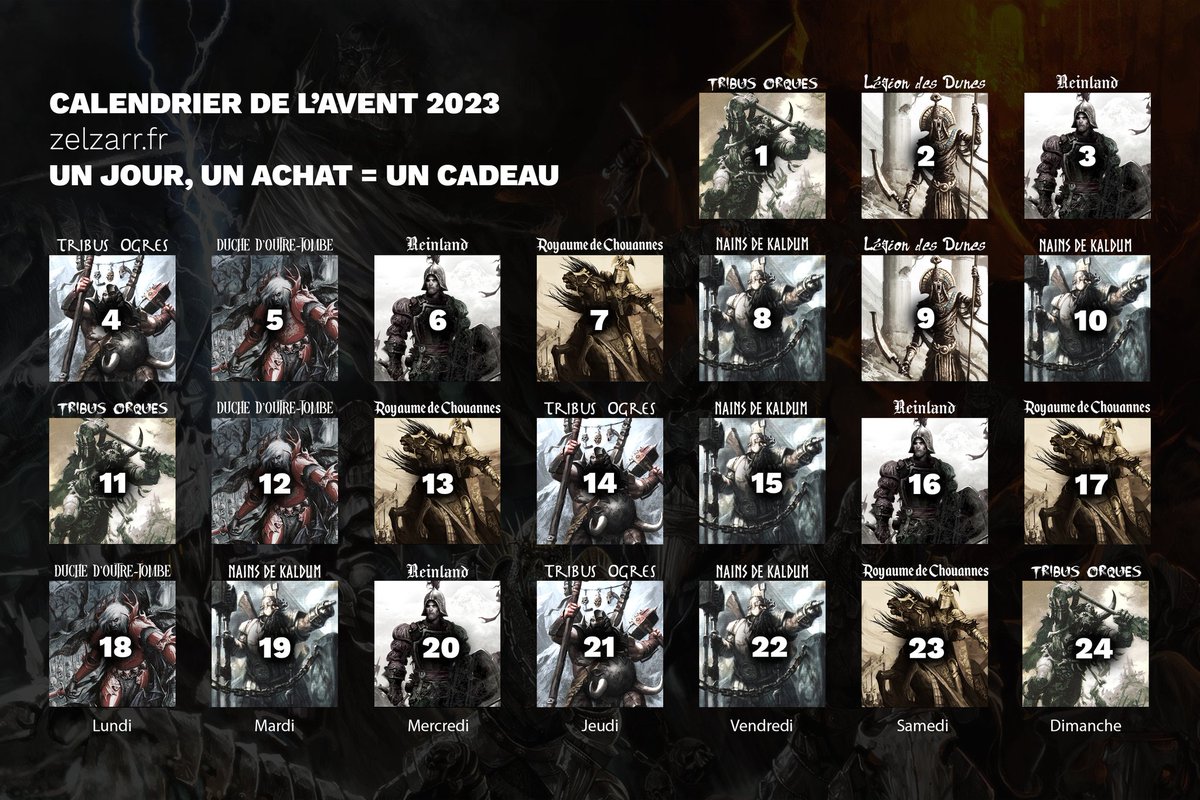 C'est le calendrier de l'avent sur le site ! 🎅🎄
Chaque jour, un lot d'achat de figurines imprimées en 3D = un lot de figurines imprimées offert ou une réduction sur les coffrets !