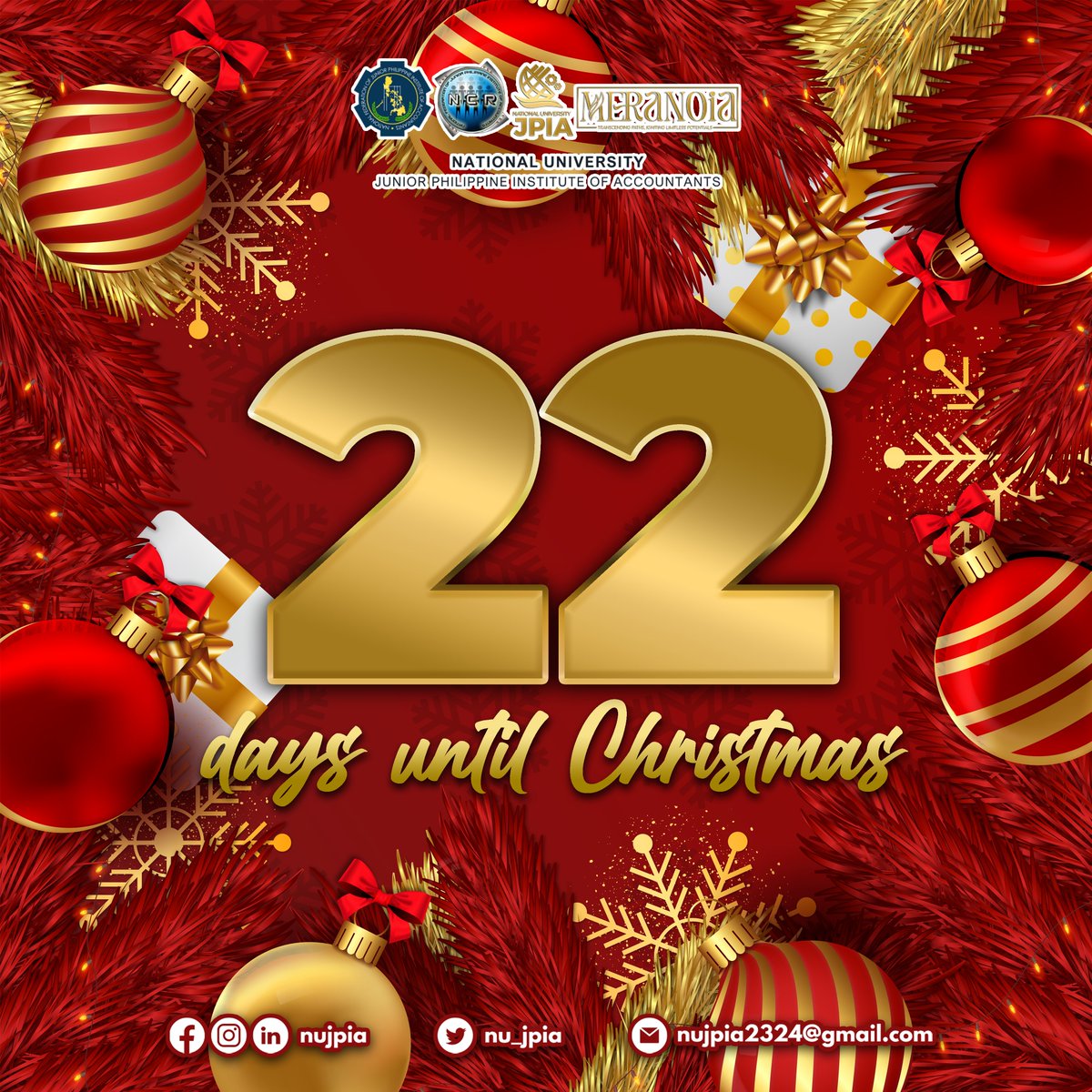 nu_jpia's tweet image. The countdown of 22 days serves as a gentle nudge to slow down, embrace the enchanting atmosphere, and immerse ourselves in the joy of giving and receiving.

#NUJPIA2324
#NUJPIAMeranoia
#TranscendingPathsIgnitingLimitlessPotentials