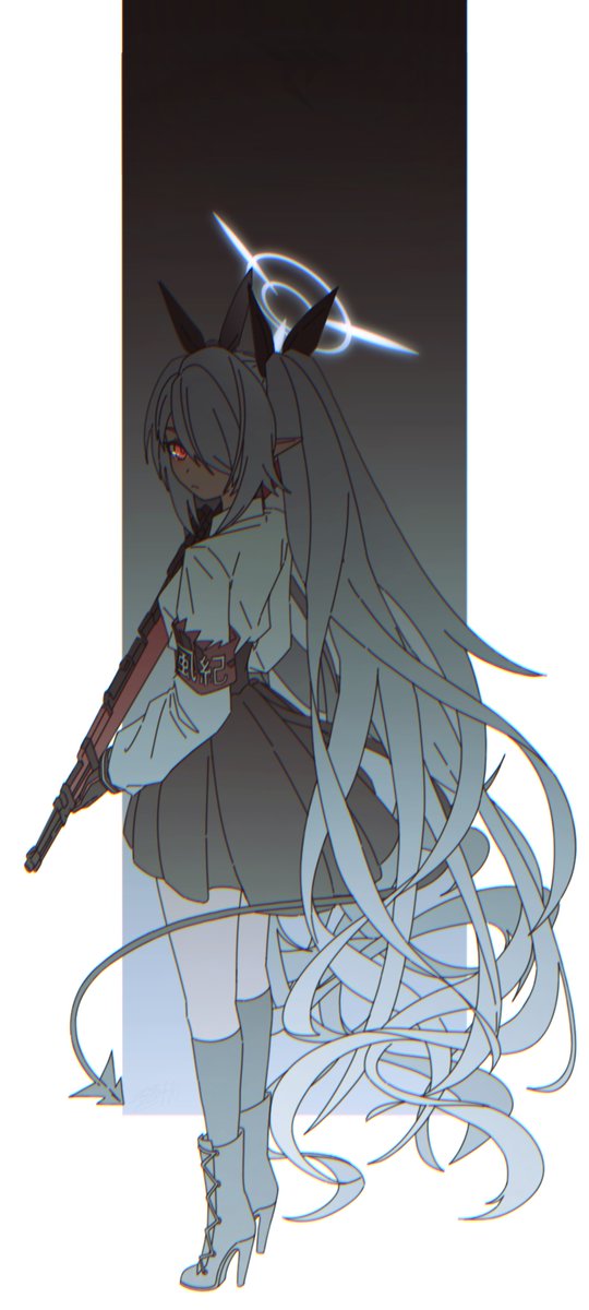 iori (blue archive) 1girl weapon gun solo halo tail long hair  illustration images