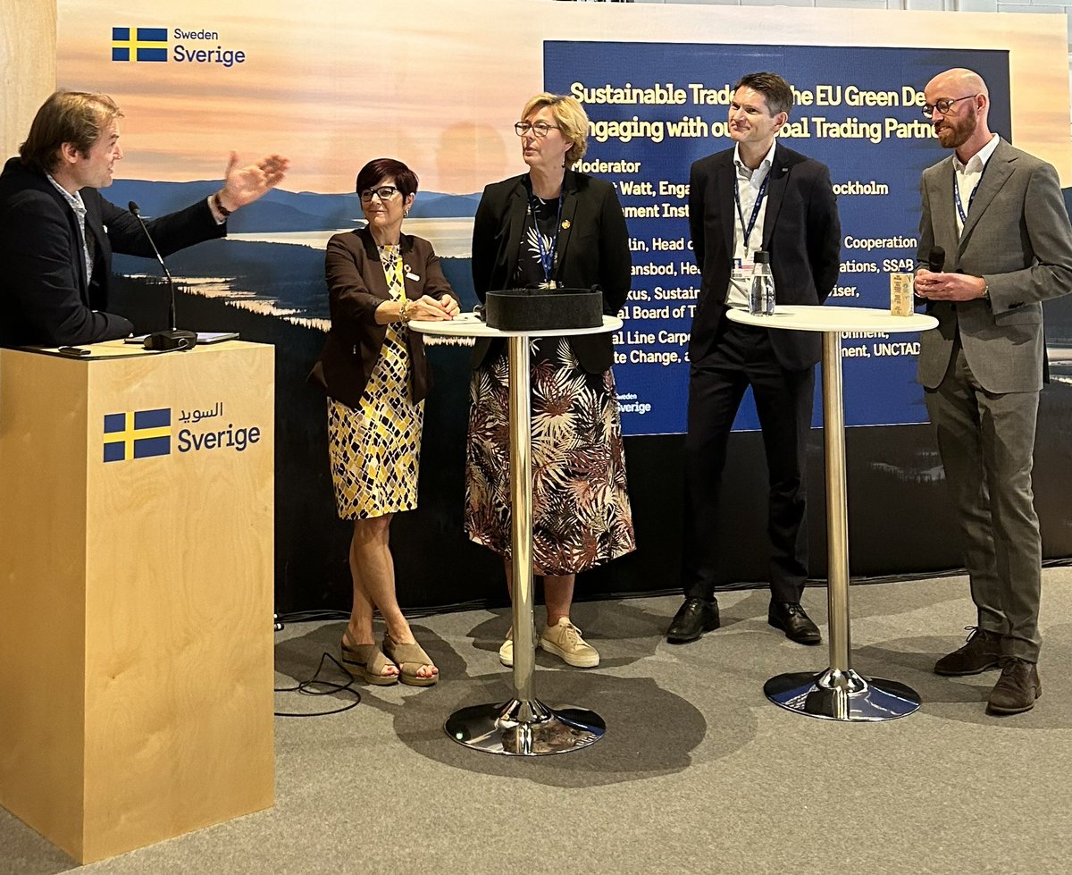 Talking sustainable trade at COP28. First time that international trade is included at COP. It’s crucial that climate and trade people break silos and work together for a green sustainable transition and economic development that benefit all. <a href="/Sida/">Sida</a> <a href="/SwedeninJO/">Sweden in Jordan</a>