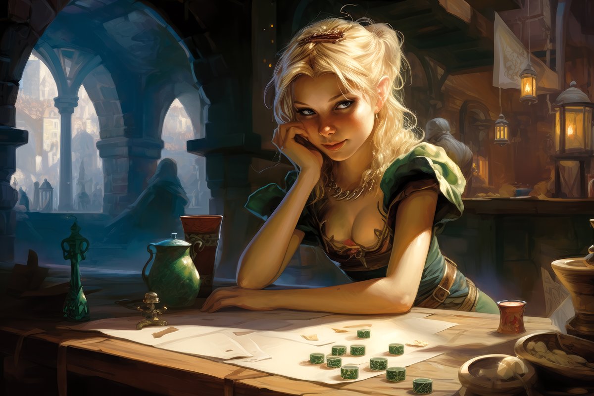 In a medieval tavern's cozy embrace, a cute girl dives into Dungeons & Dragons magic. Fantasy attire, lively role-play, and laughter echo as she embarks on epic quests. #DnDAdventures #TabletopMagic #FantasyTavernFun #ImaginaryRealms #CuteGirlGaming