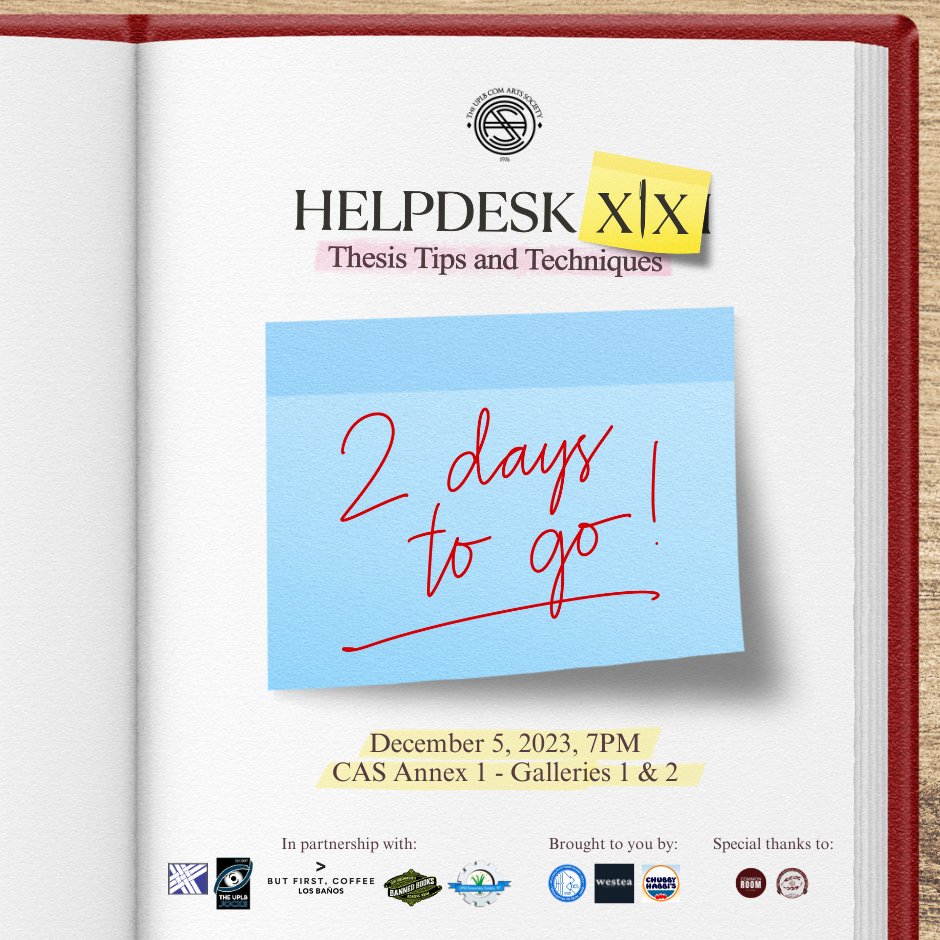 UPLBComArtSoc's tweet photo. Bring out your pens and highlighters, because #HelpdeskXIX is only two days away! ๐๐
Pre-registration for the event is closed, but we will be accepting a LIMITED number of walk-in attendees on the day itself.
#HelpdeskXIX
#BastaComArtSocPasok https://t.co/L5ycdstURu