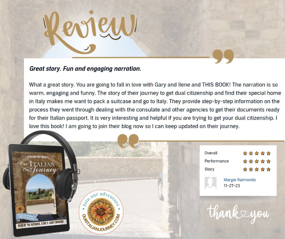 Thanks so much for the great review of our audiobook!
bit.ly/OIJ-Audiobook

#audiobooks #audiobooklover #audiobookreview #audiobookreviews #italygram #memoir #modicabooks #review #reviewsmatter #reviews