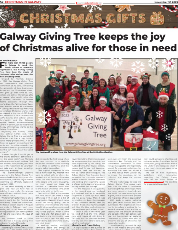 Galway Giving Tree (@galwaygivintree) on Twitter photo Thank you to the <a href="/GalwayAdvert/">Galway Advertiser</a> for featuring us in this week's edition. The countdown is on as collection days is only 5 days away. Thank you to the <a href="/GalwayAdvert/">Galway Advertiser</a> for featuring us in this week's edition. The countdown is on as collection days is only 5 days away.