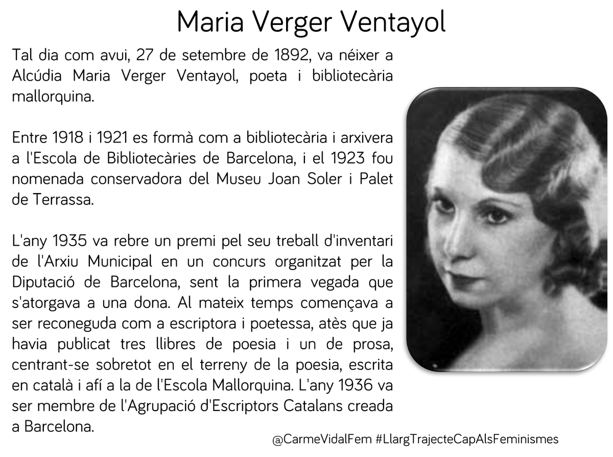 CarmeVidalFem's tweet photo. #TalDiaComAvui, 27 de setembre de 1892, va néixer a #Alcúdia #MariaVergerVentayol, poeta i bibliotecària mallorquina. Va ser la primera bibliotecària i arxivera de Terrassa. 📚 #donesmallorquines #donesbibliotecàries #donesescriptores #capdonaenoblit https://t.co/Wiy8LW6nvm