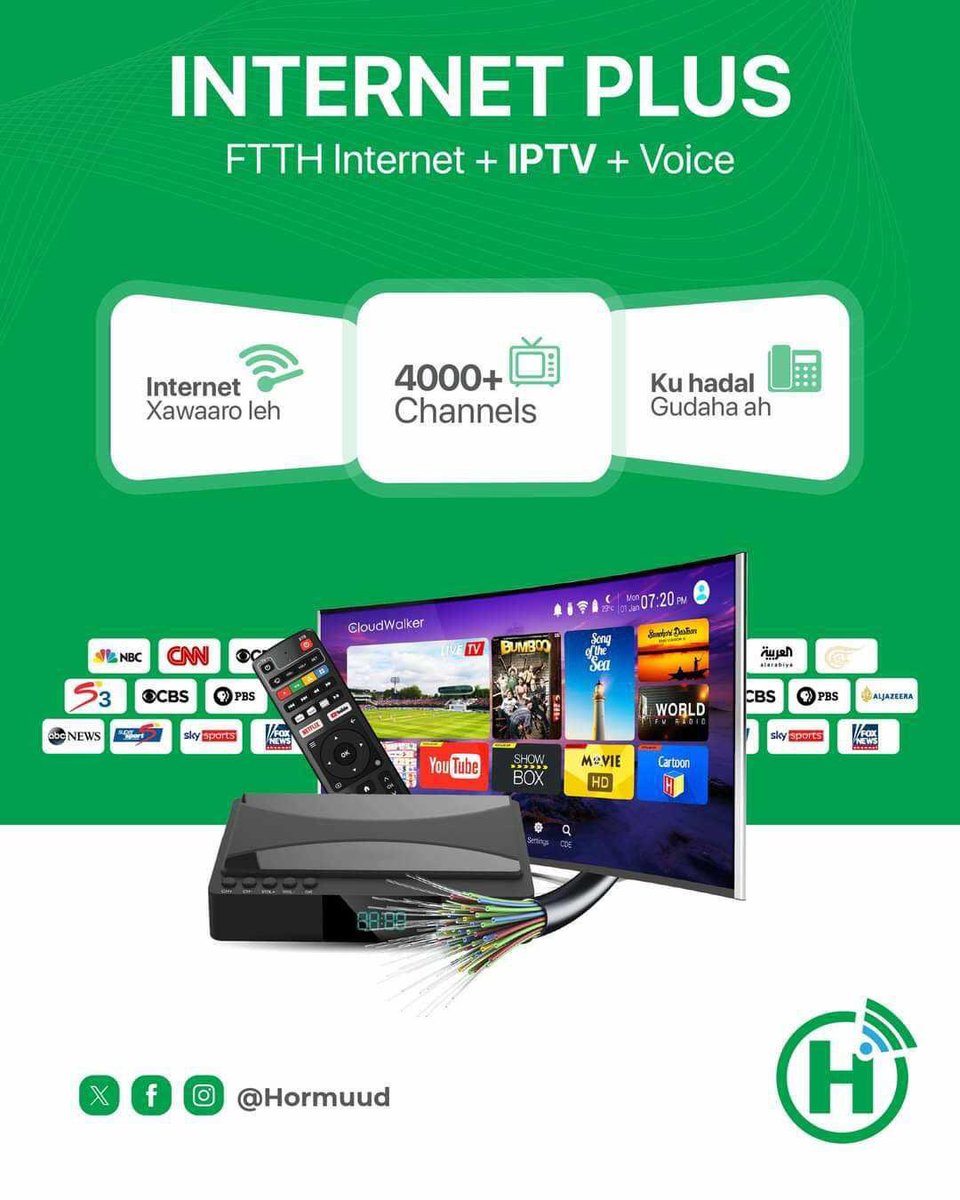 SaadaqMohamed's tweet image. Qalabka Internet-ka iyo TV-gu waa 𝐅𝐑𝐄𝐄. Ka dalbo xarunta kuugu dhow, oo ku raaxeyso Internet xawaaro sare leh, TV, iyo ku-hadal wada socda.

#InternetPlus #Hormuud #GuulSoomaaliyeed