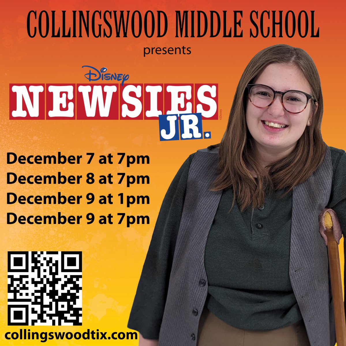 "I don't need the limp to sell papes. I got personality!"

Asher brings the ever-optimistic Crutchie to life in NEWSIES JR. this weekend! She will perform with the Gold Cast on 12/8 at 7pm and 12/9 at 7pm.

🎟 collingswoodtix.com