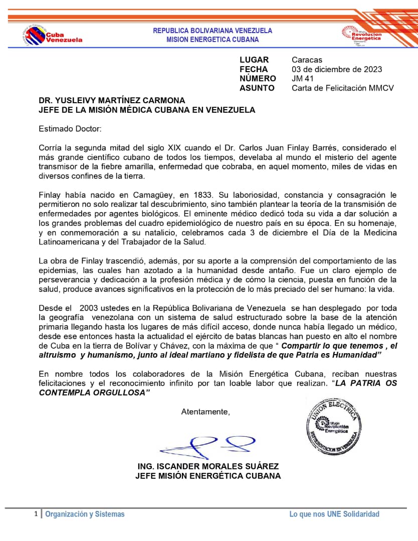 Conocemos y agradecemos tus noches de desvelo, tus horarios incómodos, tu esfuerzo, los sacrificios de actividades personales por tu labor. Por toda esa entrega: ¡Felicidades en tu día! Muchas gracias a  la Misión Energética por la carta de felicitación.

#CubaPorLaVida