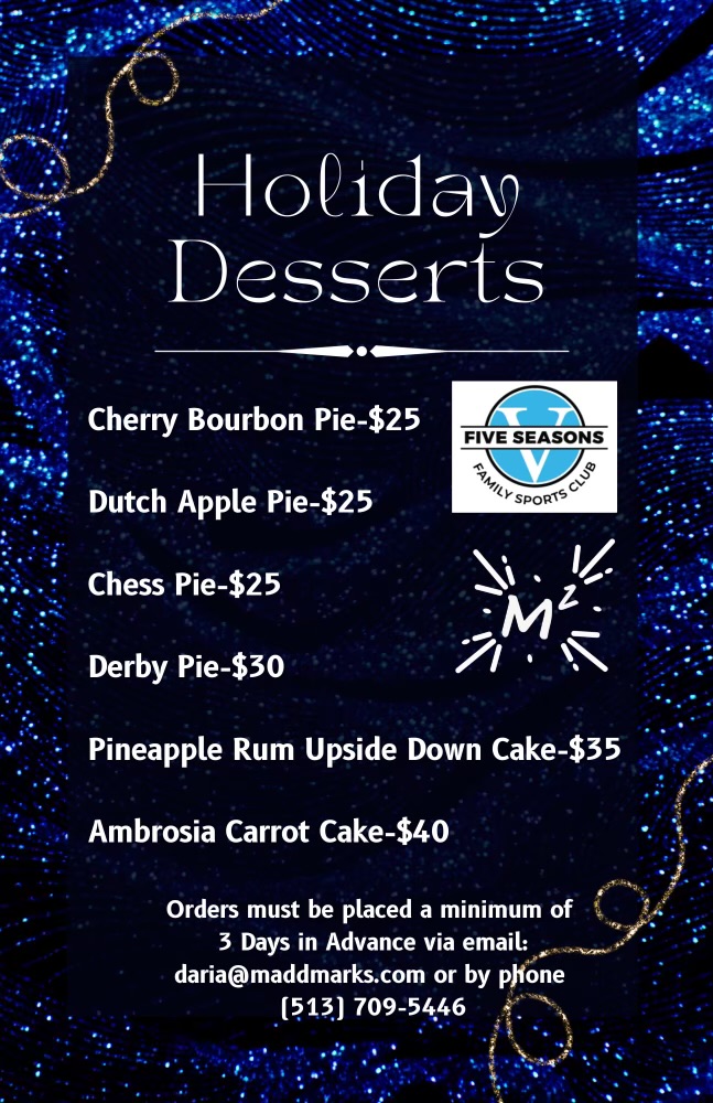 We will be offering delicious holiday desserts this year!  Wow your family and friends this season with a pie or cake from M.A.D.D. Mark's!
Please refer to  the photo for contact and ordering information!

#holidaydesserts #dessert #cherrypie #pineappleupsidedowncake