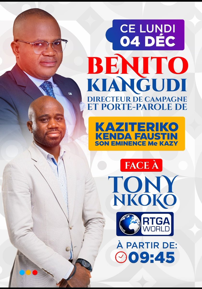 BenitoKiangudi's tweet photo. Le rendez-vous est pris.
Vision, motivation... tout sur le candidat A/A-UNC @kaziteriko,
ce lundi 04 déc 2023 sur la #Rtga https://t.co/DoSgORJnv4