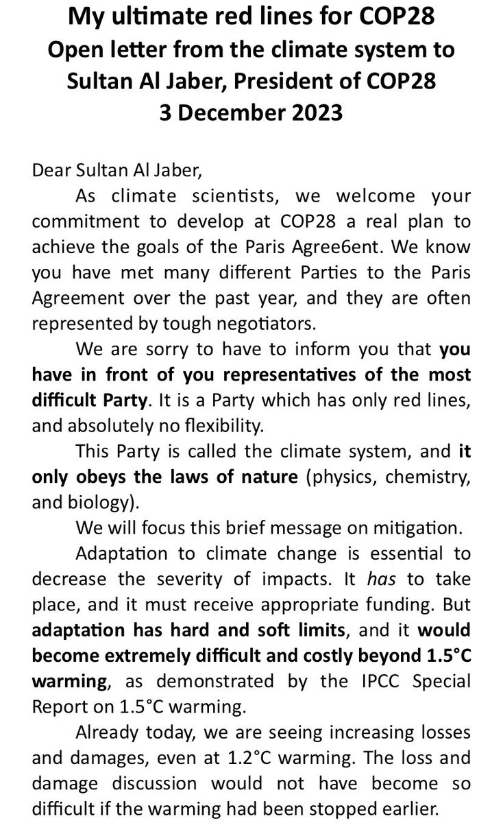 My colleague <a href="/JPvanYpersele/">Prof. Jean-Pascal van Ypersele (@Mastodon.World)</a> &amp; I submitted this "letter from the climate system to #COP28 president Sultan Al Jaber" to the @Guardian a couple weeks ago, but they passed 🙁
🧵
