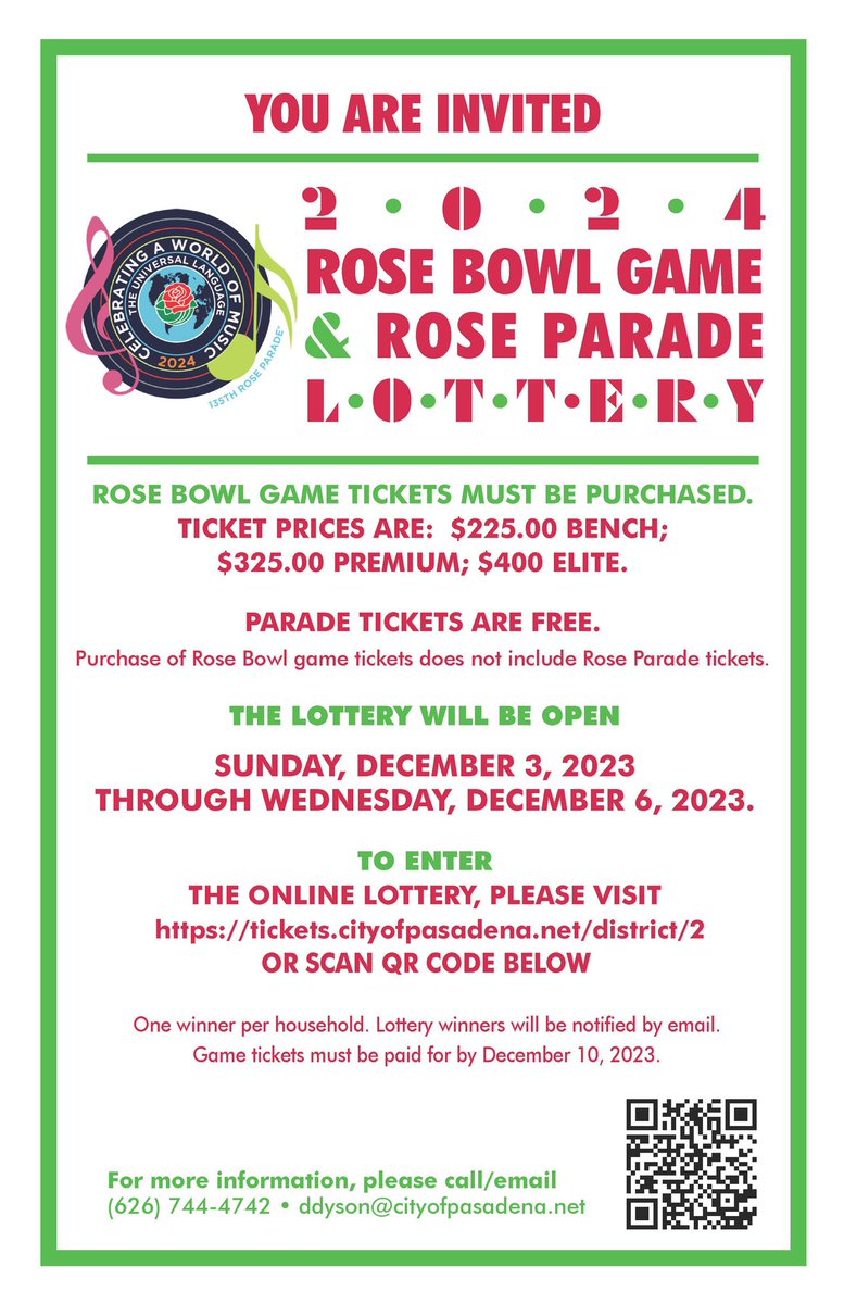 D2 Rose Ticket Lottery opens today! Registration link: tickets.cityofpasadena.net/District/2