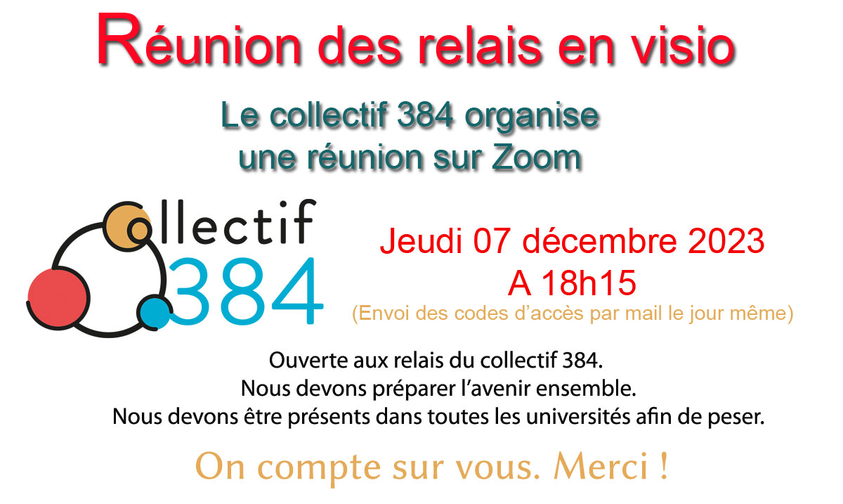 #PRAG #PRCE #Contractuels #RIPEC

Si  vous êtes intéréssé(e), n'hésitez pas à nous contacter par mail :  lecollectif384@gmail.com afin que l'on vous rajoute à la liste des  invité(e)s. Merci. Amitiés.