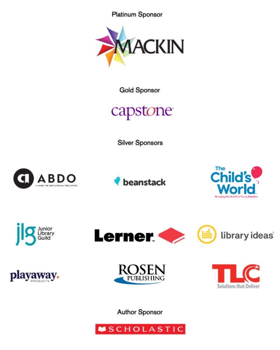 MackinLibrary's tweet image. Thank you to the sponsors of #sljsummit!

@CapstonePub @ABDOpublishing @zoobeanreads @TheChildsWorld @JrLibraryGuild @LernerBooks @playawayforall @RosenPublishing @TLCdelivers @Scholastic