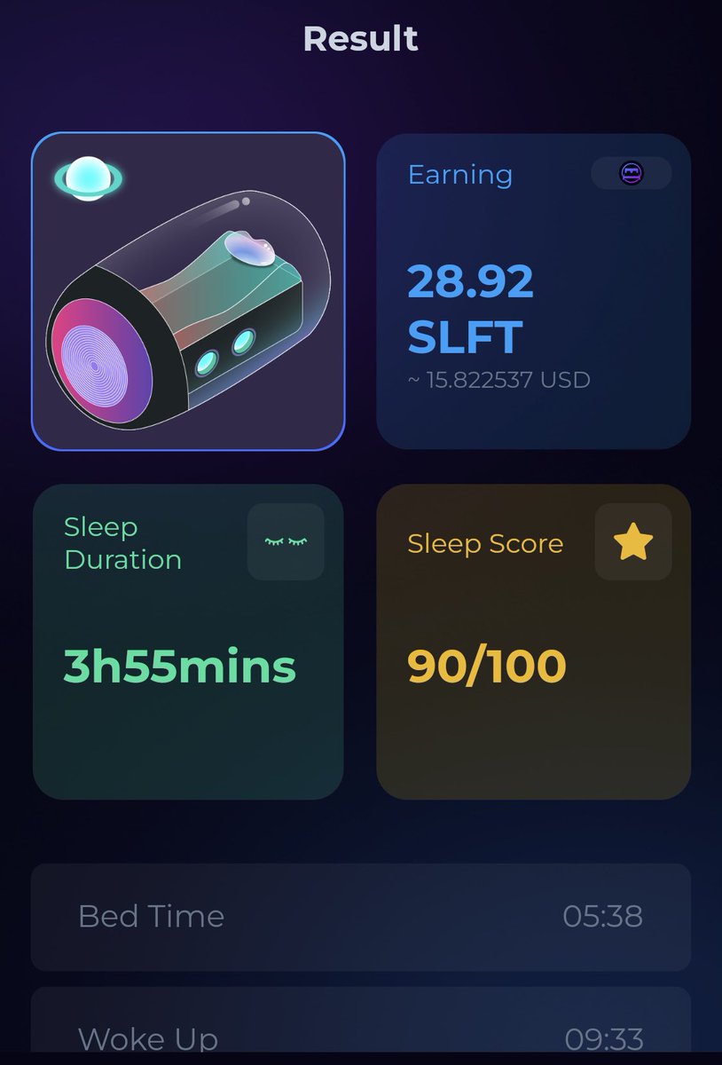 スコア: 86
ベッド:2台
獲得SLFT:28.92
リペア:9.916
利益:19(1520円)
スタート押す前に寝落ちしてしまった😴

明日は早起きだし
ヨシッ❕寝よう🛌
ってスタート押せるまであと20分待ち😓
おやすみなさい💤

#SleeFi #SleepToEarn