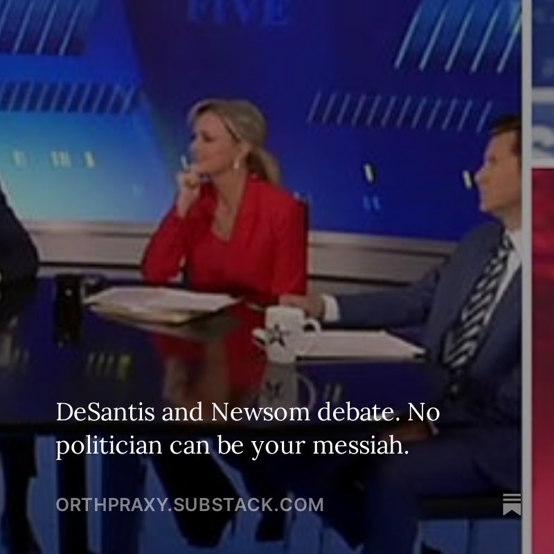 FCAJason's tweet image. The debate between Newsom and DeSantis should remind us that only Jesus is our Messiah. Don't let people take that role in your life. Our hope must be in Christ alone. 

open.substack.com/pub/orthpraxy/…