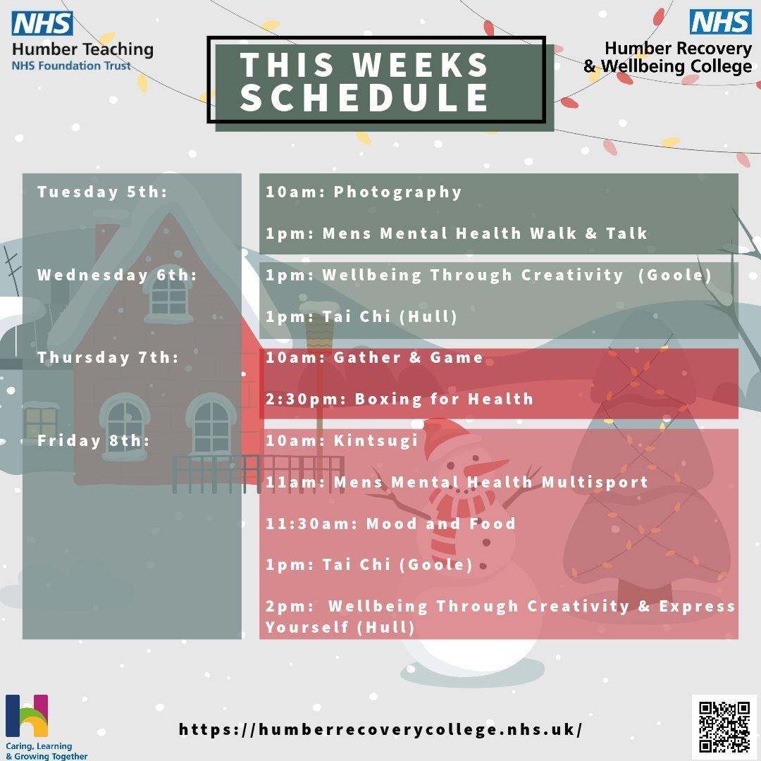 This week we have a great selection of sessions across Hull and Goole! This weeks selection includes some great indoor activities to keep warm in the winter weather. #whatsoninhull #whatsoningoole #recoverycollege #recoveryandwellbeingcollege #nhs <a href="/HumberVoluntary/">Humber Teaching NHS Voluntary Services</a> <a href="/HumberNHSFT/">Humber Teaching NHS Foundation Trust</a>