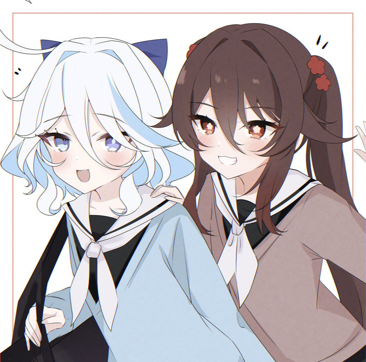 furina (genshin impact) ,hu tao (genshin impact) multiple girls 2girls brown hair school uniform blue eyes smile twintails  illustration images