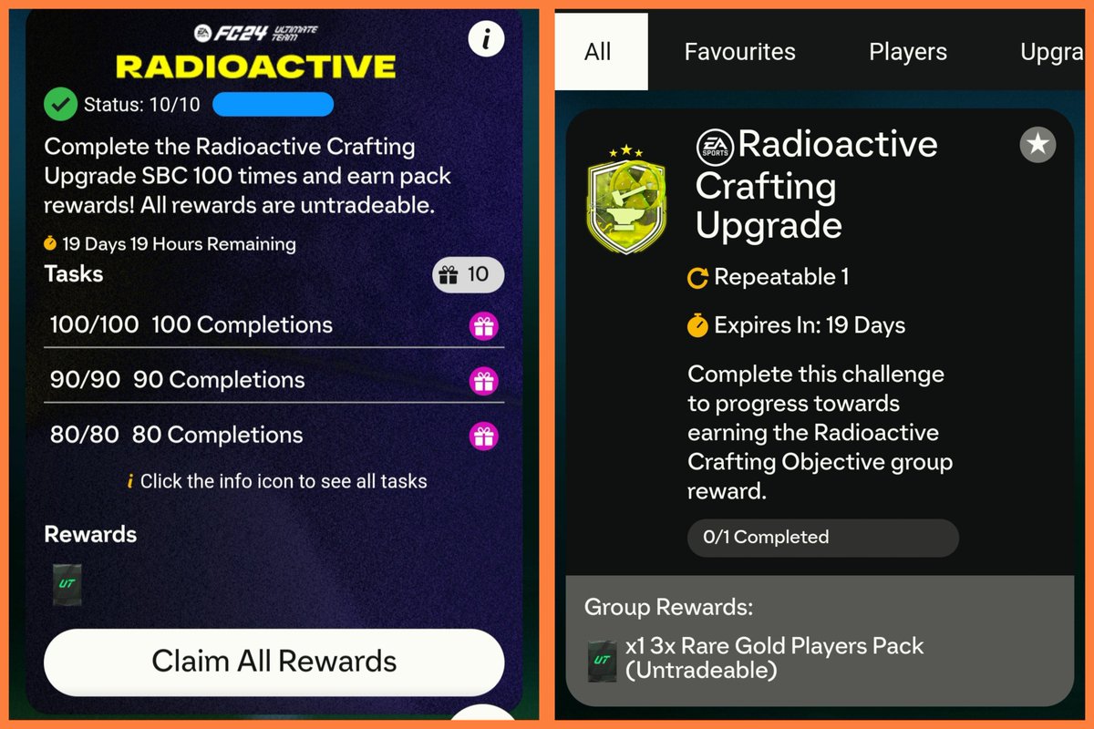 💥100 × Radioactive Crafting Upgrades💥

Worth the Coins/Grind🤔?

For now the Sbc costs ~4,4k

In the Thread below I show:
🔹️All Packs🍀
🔹️A Calculation🧾
🔹️An Overview📒
🔹️My Thoughts💭

💚+🔁 appreciated

Page 1/21