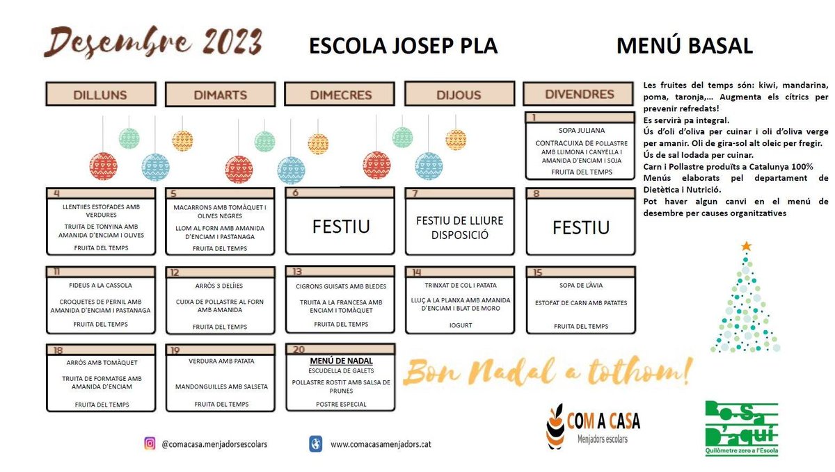 PlaAmpa's tweet image. MENÚ DESEMBRE
@menjador_pla ens presenta el menú de desembre amb les fruites de temporada. Aquest més gaudiran del Menuí de Nadal amb la típica sopa de Galets o Escudella de Nadal catalana.
#Menú #MenjarSaludable #bosadaquí #tradicionscatalanes #menjador #nadal