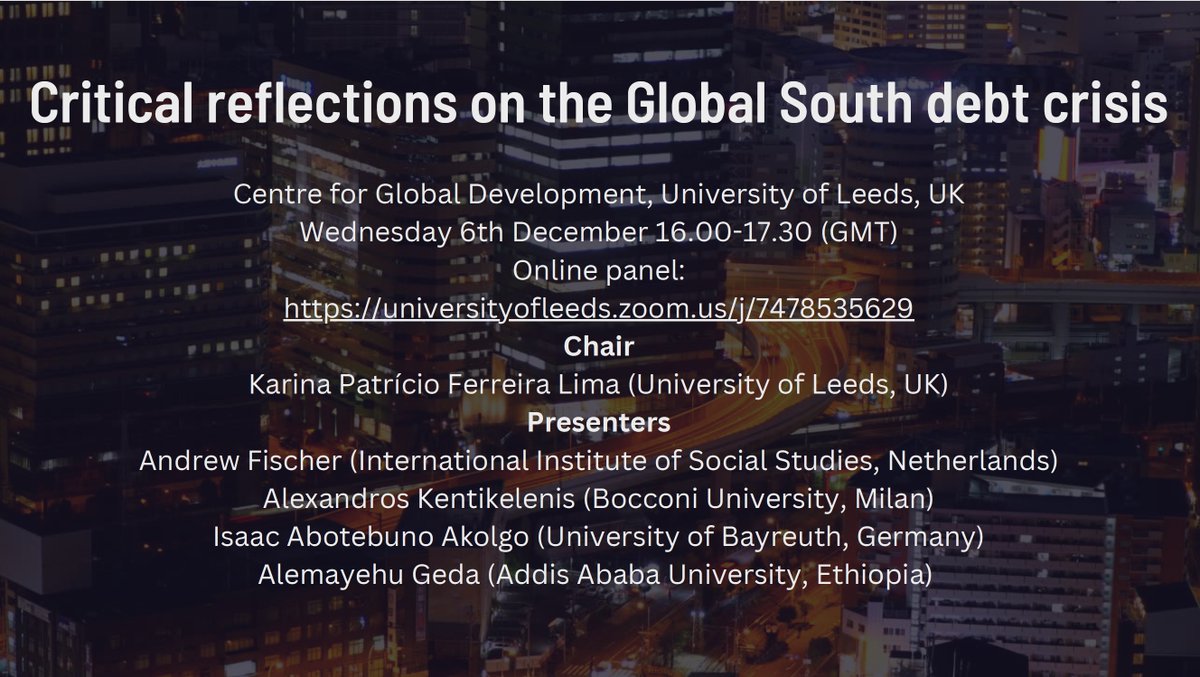 Sovereign debt distress and crises have been building for quite some time since the GFC and have become more prominent since the pandemic. On Wednesday, I will have the pleasure of chairing this fantastic online panel, hosted by @cgd_leeds @POLISatLeeds, to discuss this issue...