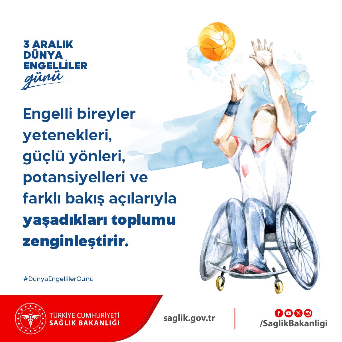 Engelli bireyler yetenekleri, güçlü yönleri, potansiyelleri ve farklı bakış açılarıyla yaşadıkları toplumu zenginleştirir. 
#DünyaEngellilerGünü