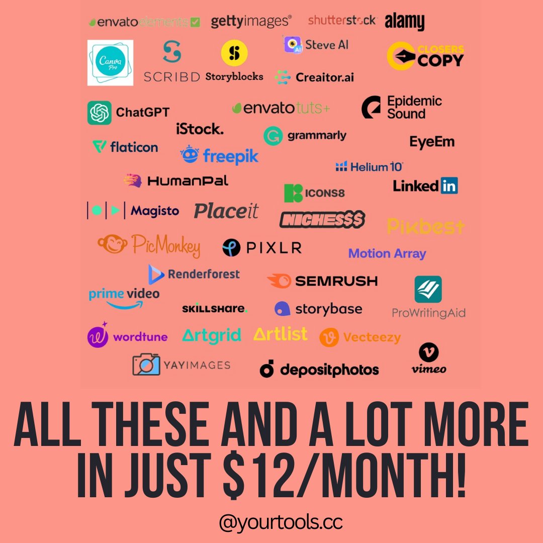 shared_tools's tweet image. **LIMITED TIME OFFER ⏰

It&apos;s now or never!! 💡 Get access to ALL these PREMIUM DIGITAL ACCOUNTS only for $12/month! (You can also get any 1 account for as low as $2/month) 👇

#yourtoolscc #digitalmarketingtools #Aitools #Digitalaccess