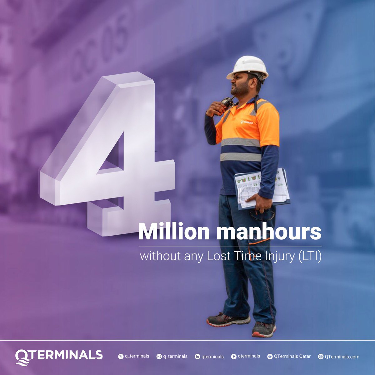 #QTerminals is very proud to announce that #HamadPort Operations achieved 4 million man-hours without any Lost Time Injury (LTI). Together we can achieve milestones, ensuring the safety of Hamad Port employees, and visitors alike. #Qatar