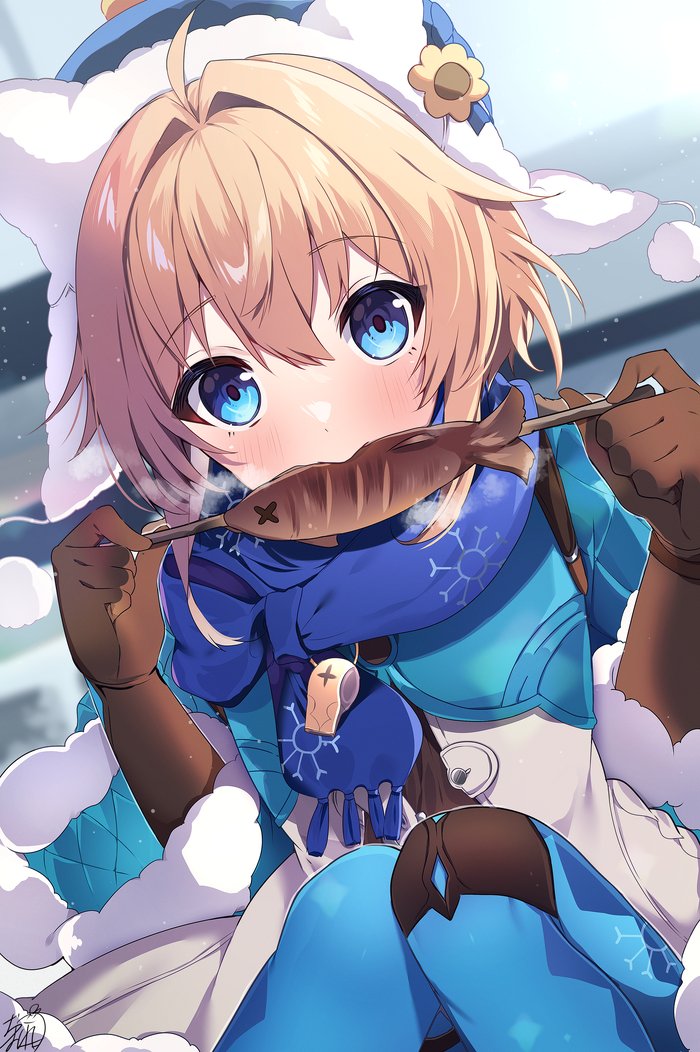 blue eyes 1girl gloves solo hat scarf blue scarf  illustration images