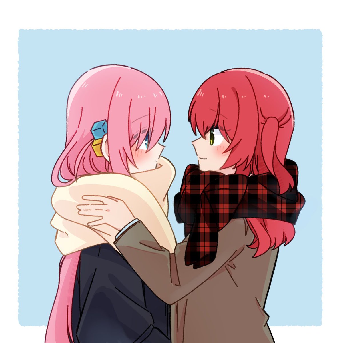 gotoh hitori ,gotou hitori ,kita ikuyo multiple girls 2girls pink hair scarf red hair long hair yuri  illustration images