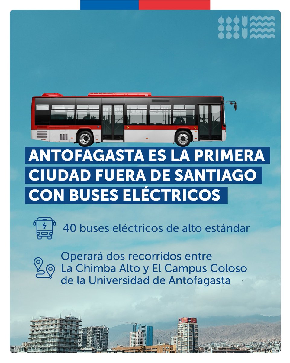 La electromovilidad llegó para quedarse 🚍⚡️

Antofagasta se suma a Santiago en transporte moderno, de calidad y sustentable 🌿 con la puesta en marcha de 40 buses eléctricos que cambiarán la vida de miles de personas.