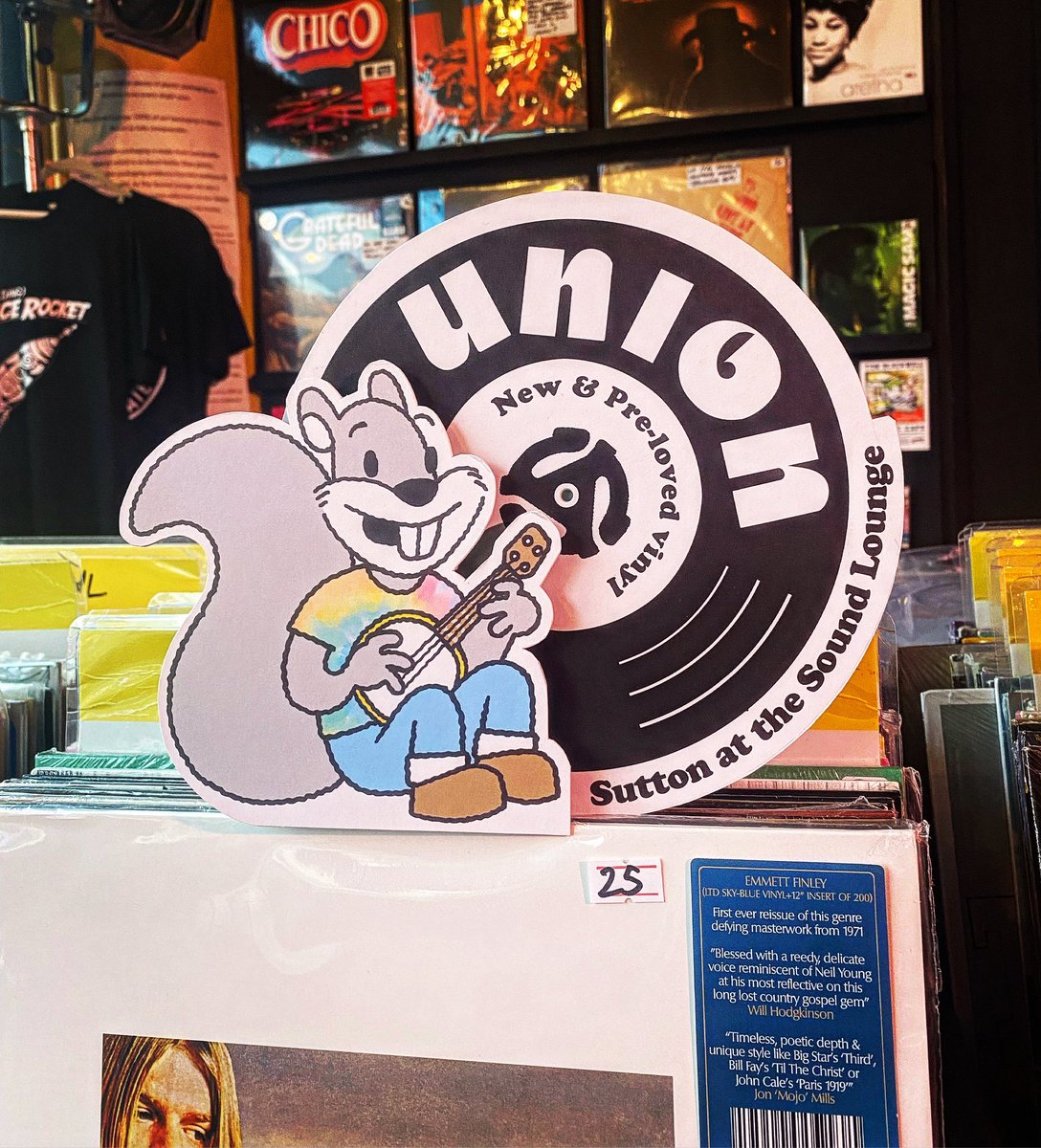Hey folks!! Absolutely loving our brilliant new logo and pop up sign for our Sutton shop!! Designed and created by the fantastic @HeyKidsShop….Shirts and totes on their way…Open till 4pm at both shops…See ya there!! 💥🐿️🍄🪕🚀 @soundloungeCIC