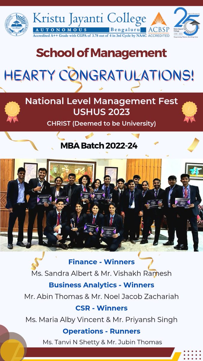 🌟Thrilled to share our CSR triumph at PARINAMAH, Christ University's Management Fest! 🏆 Two days, nine rounds – an unforgettable win echoing our commitment to positive impact! 🚀 Grateful to everyone for the unwavering support. @KJCAutonomous #KJC 🙌 #WINNER #Bengaluru 🎉✨