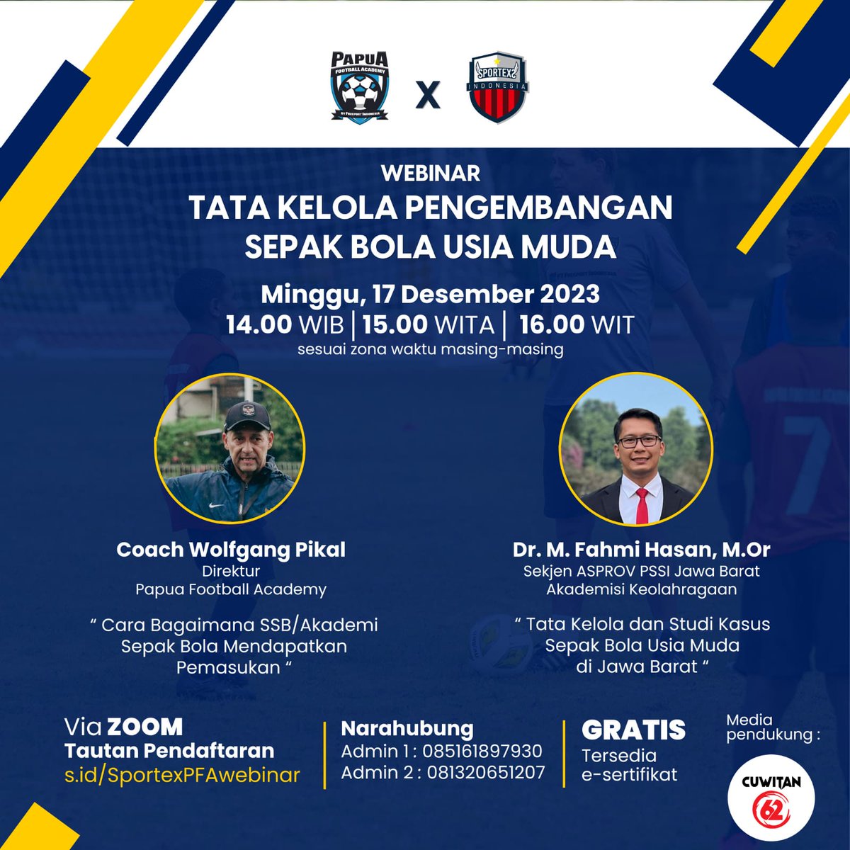 Sportexid's tweet photo. Sportex Indonesia &amp; Papua Football Academy  mempersembahkan :

"Webinar Tata Kelola Pengembangan Sepak Bola Usia Muda"

Minggu, 17 Desember 2023
Pukul 14.00 WIB

Tautan Pendaftaran : 
https://t.co/DePoY6z1ZO

Online via Zoom
Gratis
Kuota terbatas!!! https://t.co/HAuqlck7rU