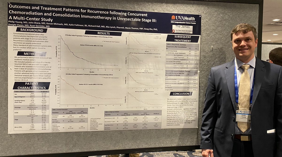 ryangentzler's tweet photo. Congratulations to @UVACancerCenter hem/onc fellow, Phil Young, for his poster at #NACLC23 of multi center study of outcomes for recurrences after stage III #NSCLC treated w chemoRT, immunotherapy. @dwightowenmd @rdhalljr https://t.co/OsHQ416wre