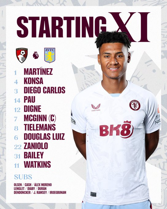 Aston Villa team to face Bournemouth: Martínez, Konsa, Diego Carlos, Pau, Digne, McGinn (captain), Tielemans, Douglas Luiz, Zaniolo, Bailey, Watkins. Substitutes: Olsen, Cash, Álex Moreno, Lenglet, Diaby, Durán, Dendoncker, J. Ramsey, Iroegbunam.