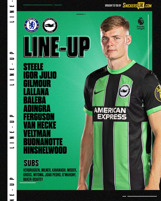 Chelsea v Albion starting XI featuring an image of Evan Ferguson. Steele, Igor Julio, Gilmour, Lallana, Baleba, Adingra, Ferguson, van Hecke, Veltman, Buonanotte, Hinshelwood. Subs: Verbruggen, Milner, Kavanagh, Moder, Gross, Mitoma, Joao Pedro, O'Mahony, Baker-Boaitey. Come on Albion!